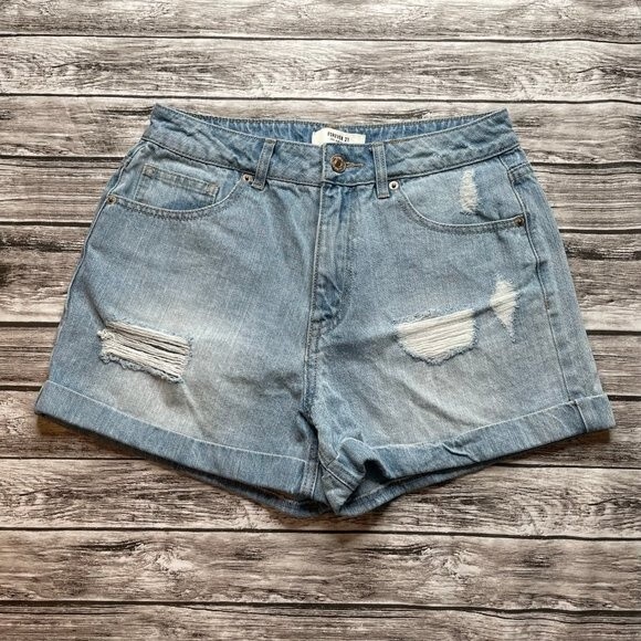 Forever 21 Distressed Cuffed Denim Jean Shorts Light Blue 27 Hi Rise High Waist - Picture 1 of 9